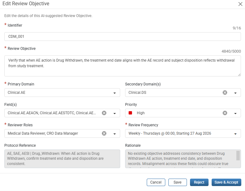 Edit Review Objective window with the suggestion details, read-only Protocol Reference and Rationale, and the Cancel, Save, Reject, and Save & Accept buttons
