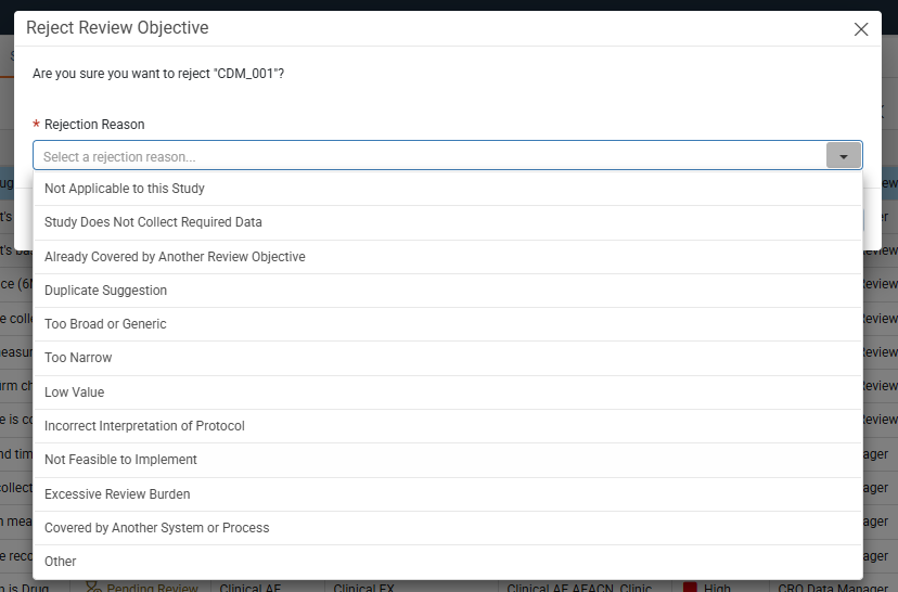 Reject Review Objective window with the Rejection Reason drop-down open