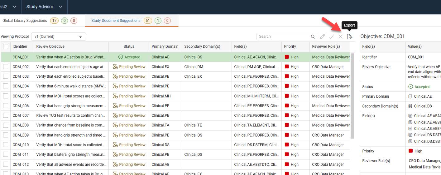Export icon with its tooltip in the Review Objective suggestions toolbar