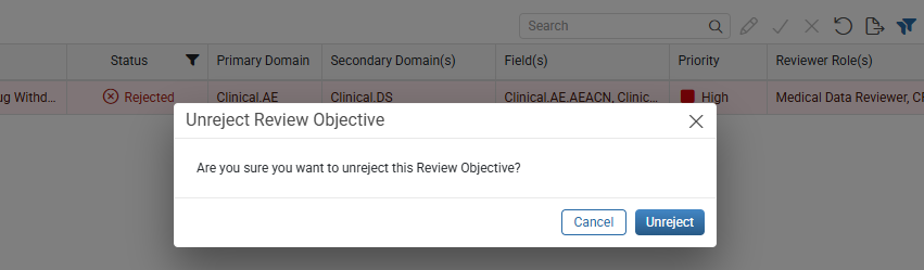 Unreject Review Objective window with the Cancel and Unreject buttons