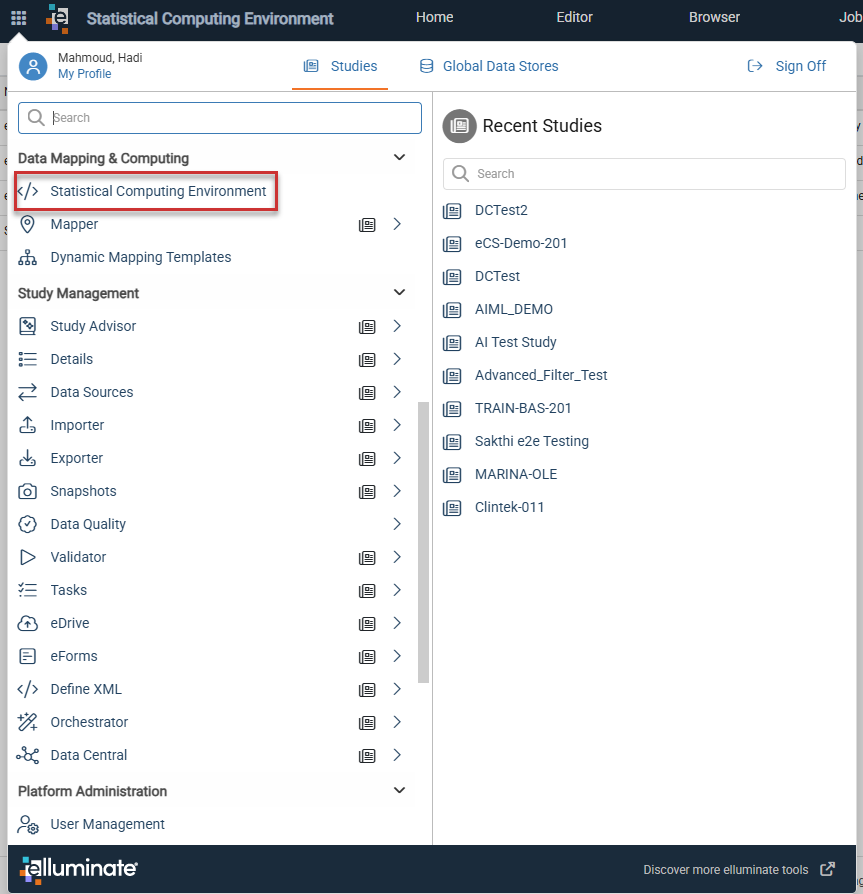 Statistical Computing Environment entry under the Data Mapping and Computing section of the Platform Menu