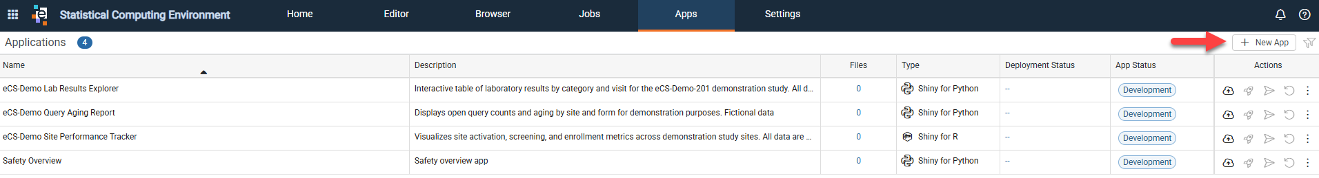 Applications page in the SCE with the applications grid and the New App button