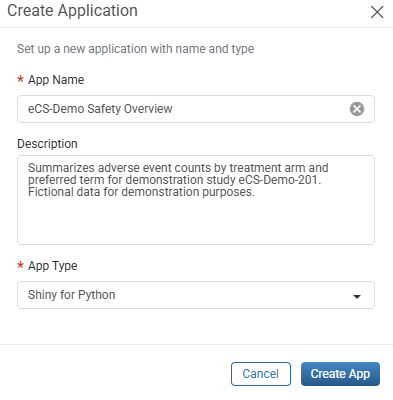 Create Application window with the App Name and Description fields, the App Type drop-down, and the Cancel and Create App buttons