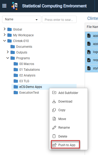 Push to App option in the right-click menu for a folder in the SCE Browser