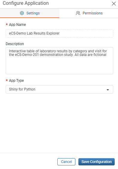 Configure Application window Settings tab with the App Name, Description, and App Type fields