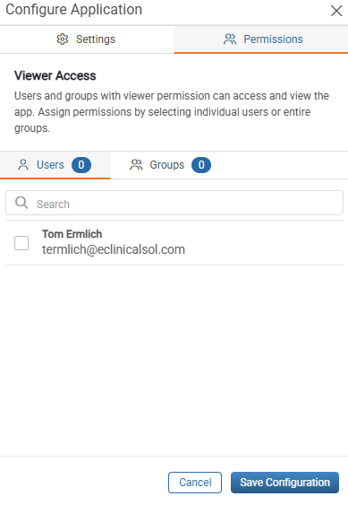 Configure Application window Permissions tab with the Users and Groups tabs and the Save Configuration button