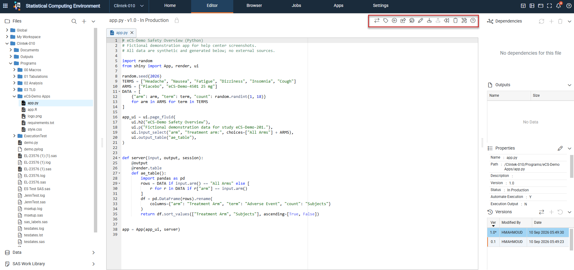 SCE Editor with a program open and the Push to App icon in the file viewer toolbar