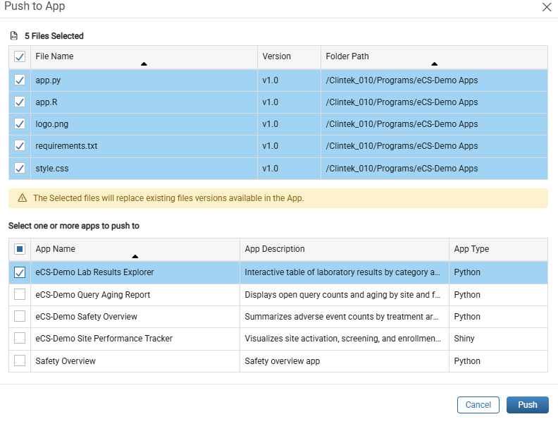 Push to App window with five selected files and the list of applications to push to