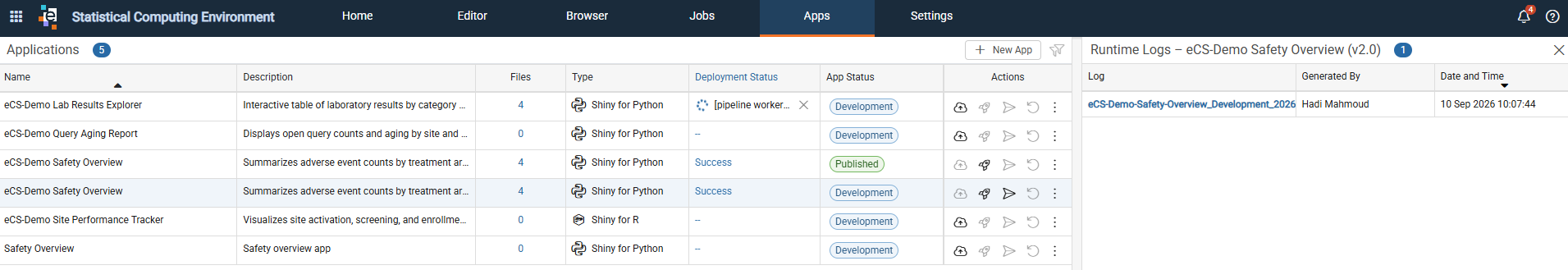 Runtime Logs panel with a log entry listed by name, generated by, and date and time