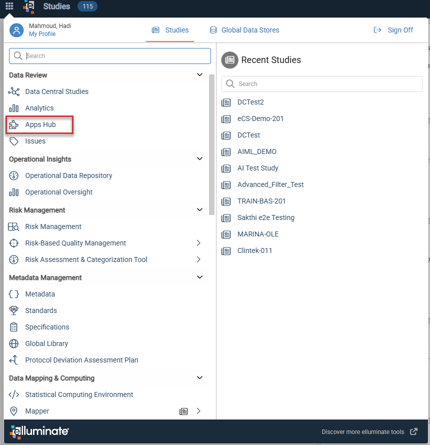 Apps Hub entry under the Data Review section of the Platform Menu