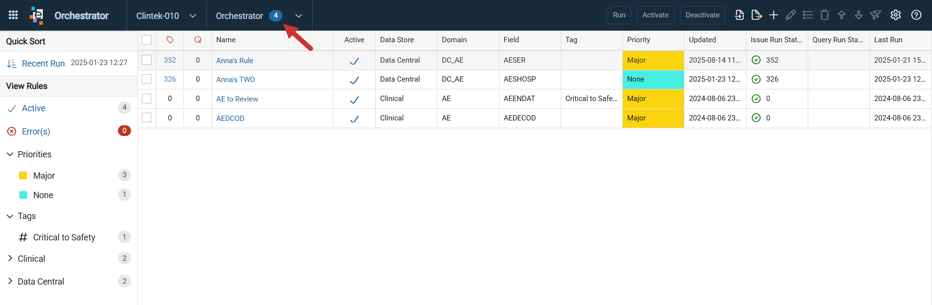 Orchestrator rule listing and master header toolbar