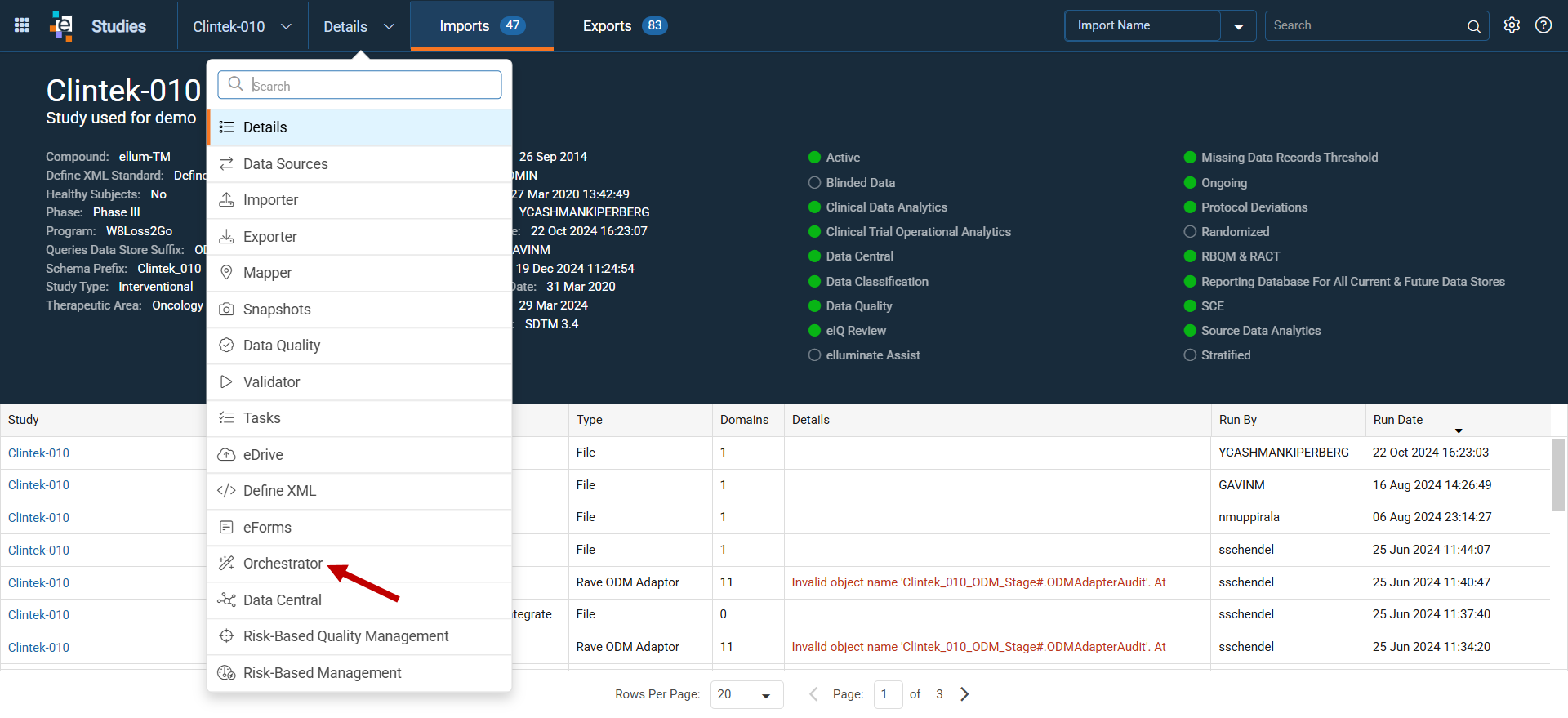 Orchestrator option in the Study Management drop-down within a study