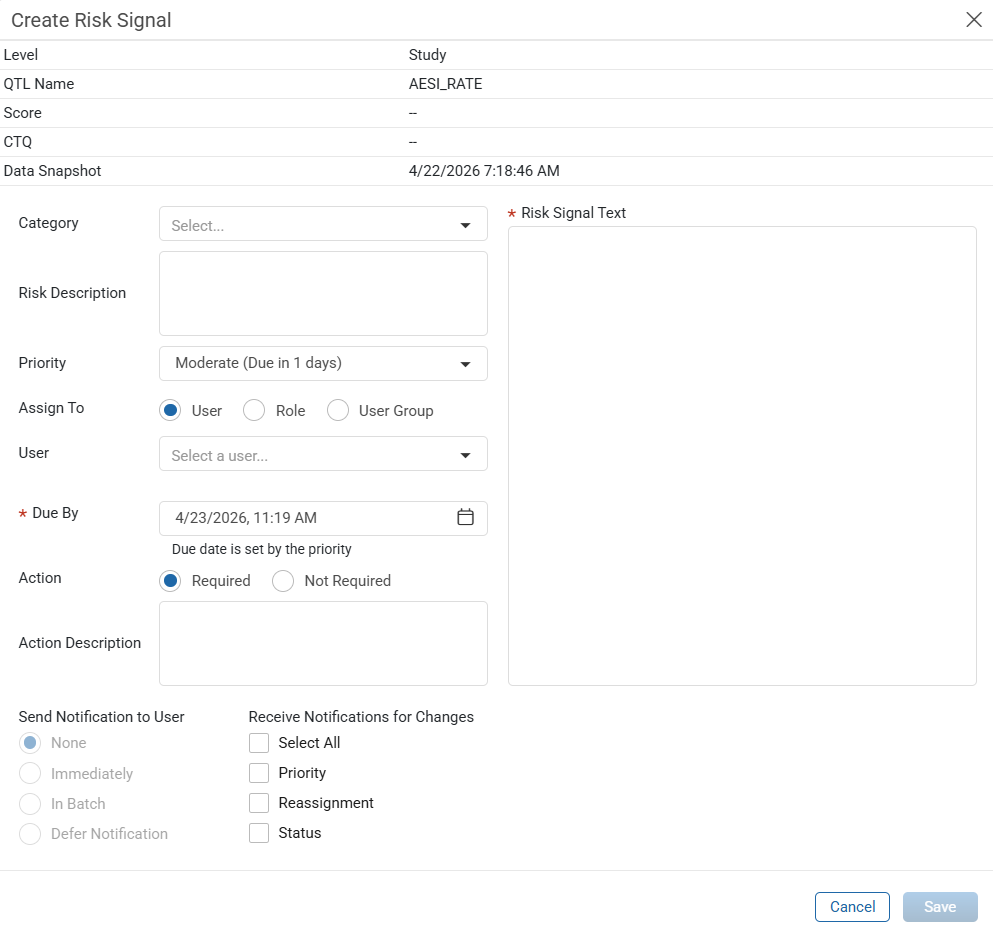 Create Risk Signal window