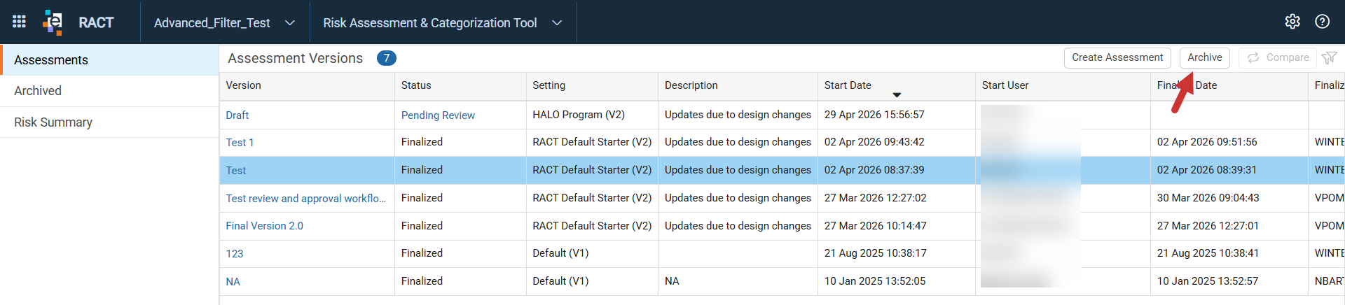 Assessment Versions listing showing a finalized assessment selected for archiving
