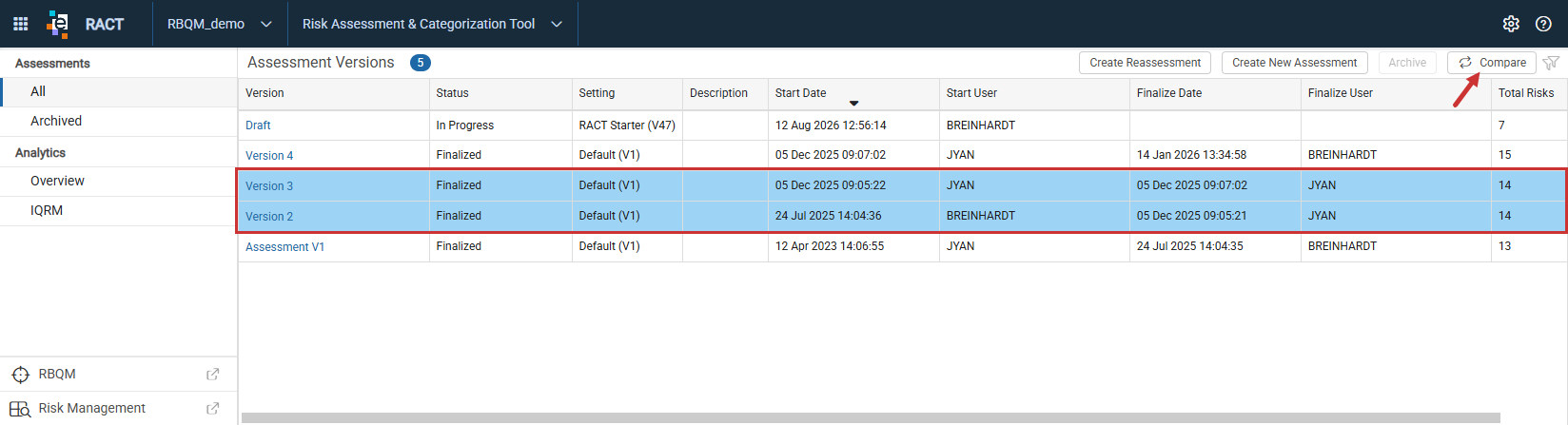 Assessment Versions listing showing two finalized versions selected for comparison