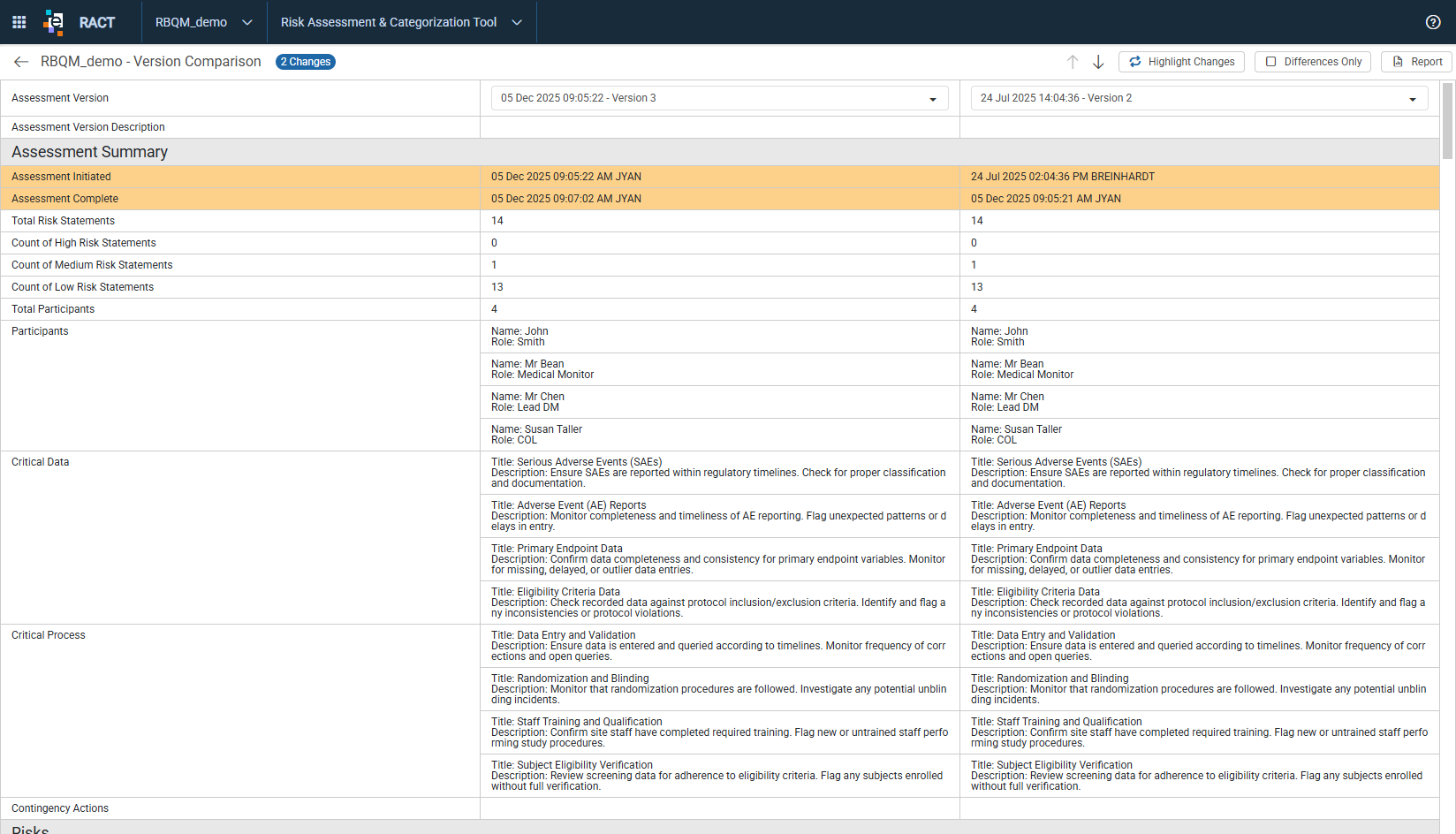 Version Comparison page showing two finalized assessment versions with highlighted differences