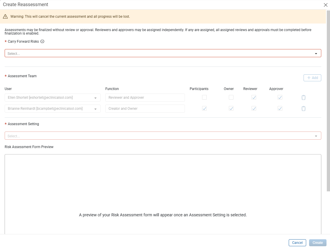 Create Reassessment window showing Carry Forward Risks, Assessment Team, and Assessment Setting options