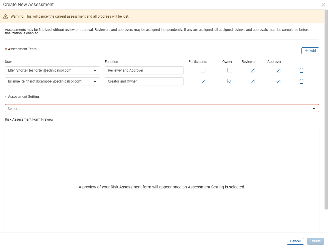 Create New Assessment window showing Assessment Team and Assessment Setting options