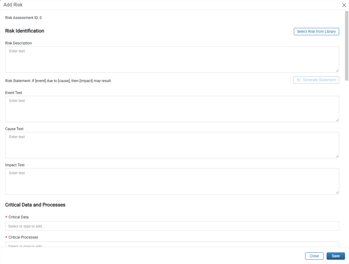 Add Risk window showing Risk Identification and Critical Data and Processes fields