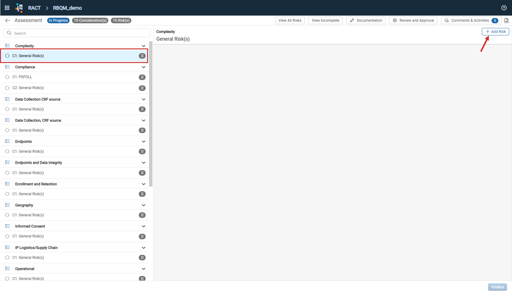 Assessment Version page showing a selected CTQ Consideration and the Add Risk option