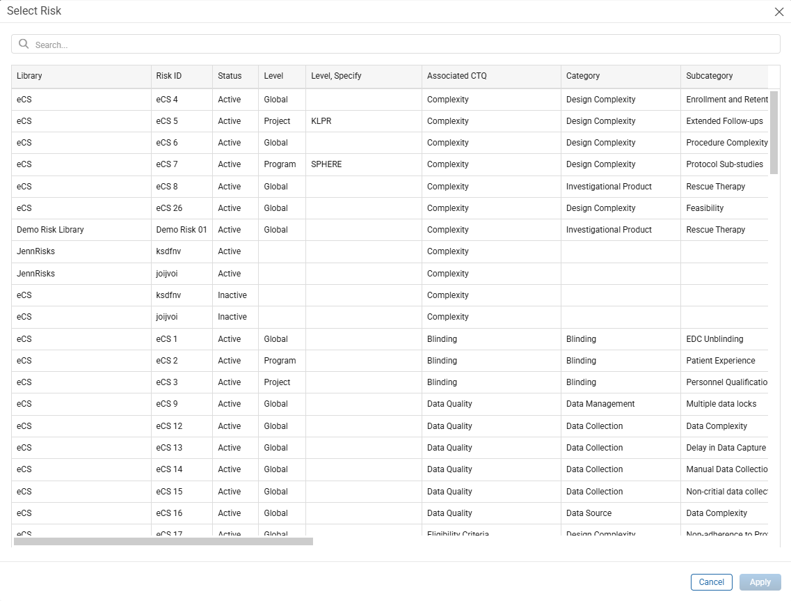 Select Risk window showing available Risks from the Risk Library