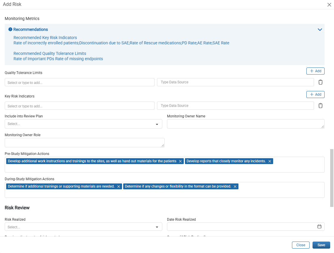 Add Risk window showing Monitoring Metrics recommendations and mitigation actions