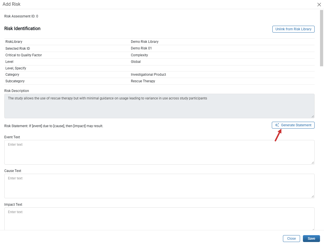 Add Risk window showing the Generate Statement option for a Risk selected from the Risk Library
