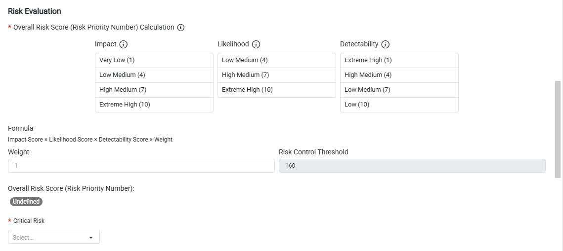 Risk Evaluation fields showing scoring options, Weight, Risk Control Threshold, and Critical Risk