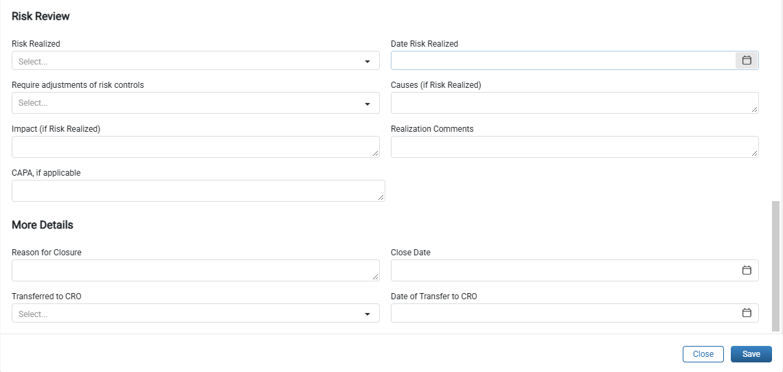 Risk Review and More Details fields for Risk realization, closure, and CRO transfer