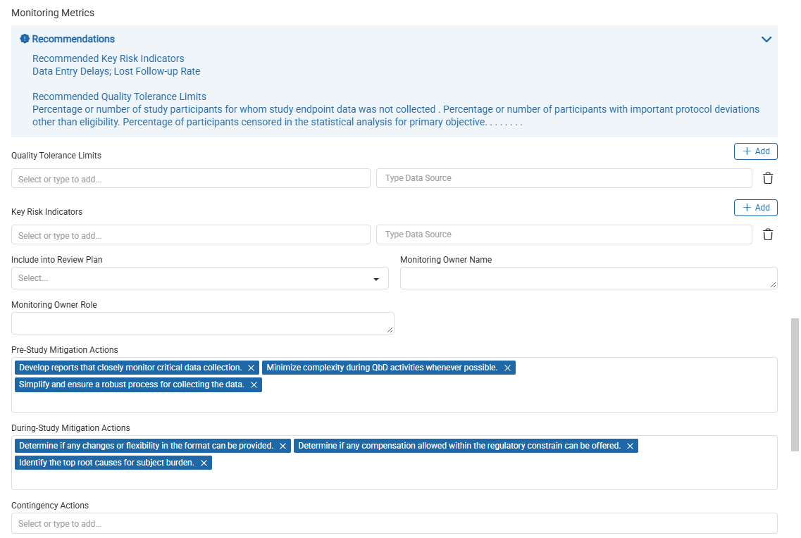 Monitoring Metrics fields showing recommendations, monitoring ownership, mitigation actions, and Contingency Actions