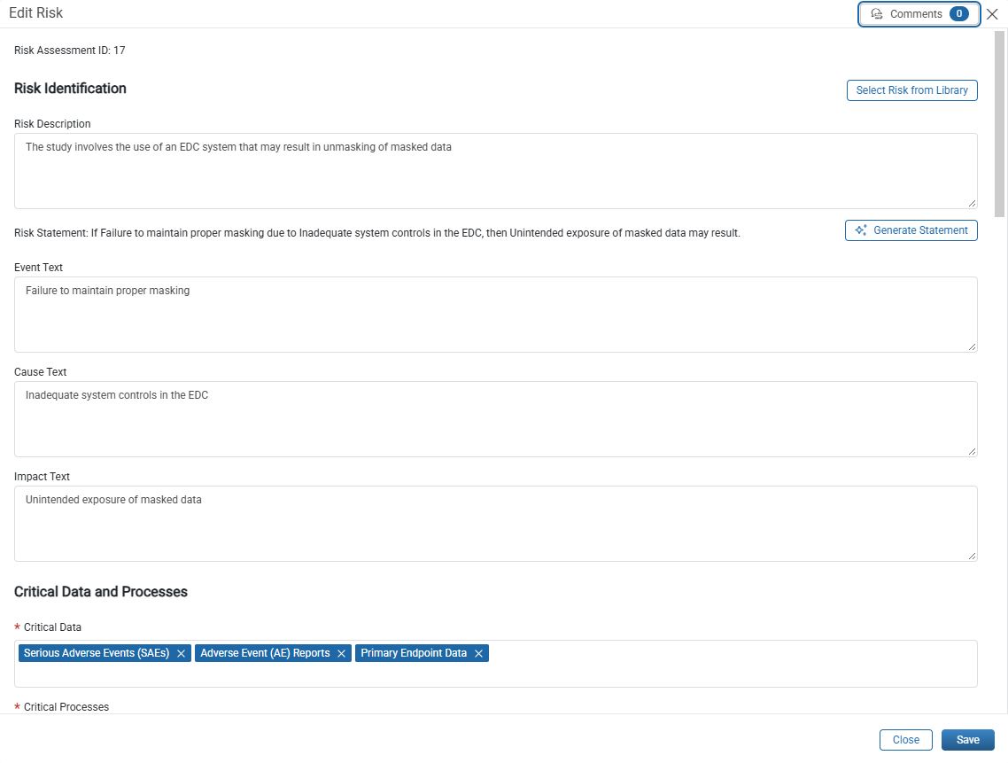 Edit Risk window showing Risk Identification and Critical Data and Processes fields
