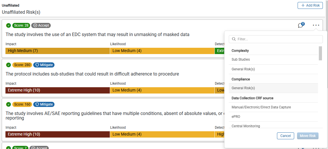 Move Risk popout showing CTQs and Considerations available for selection