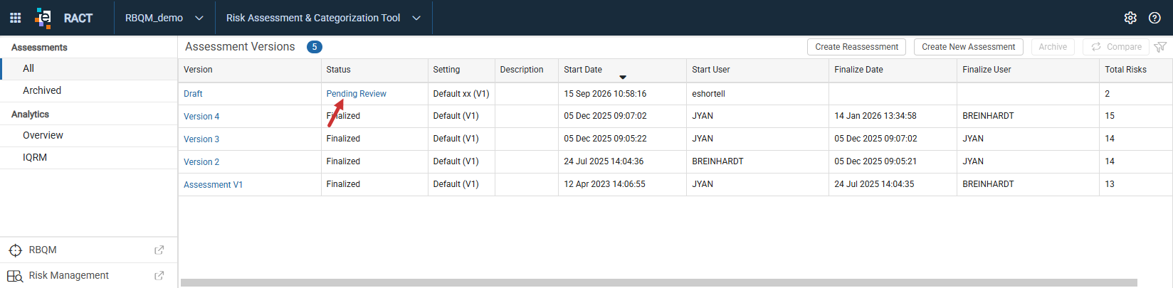 Assessment Versions listing showing the Pending Review status link