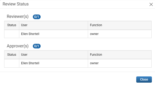 Review Status window showing Reviewer and Approver progress