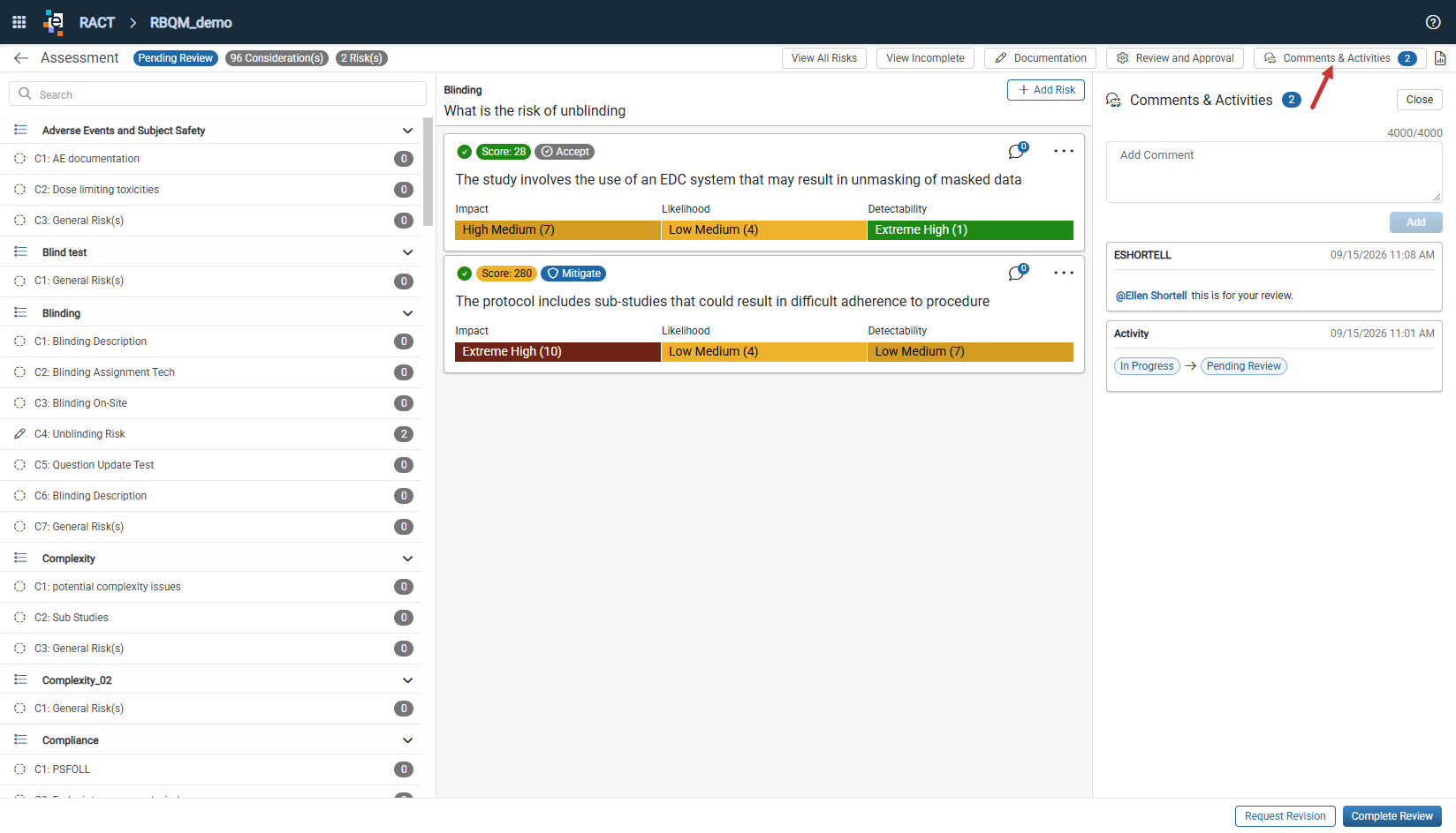 Comments & Activities panel showing an @mention and assessment status activity