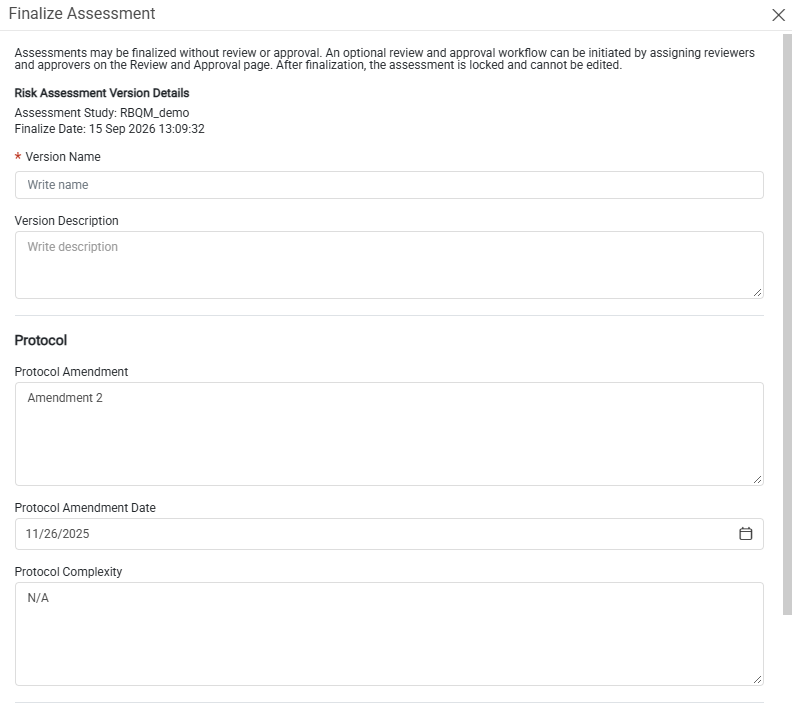 Finalize Assessment window showing version and protocol fields