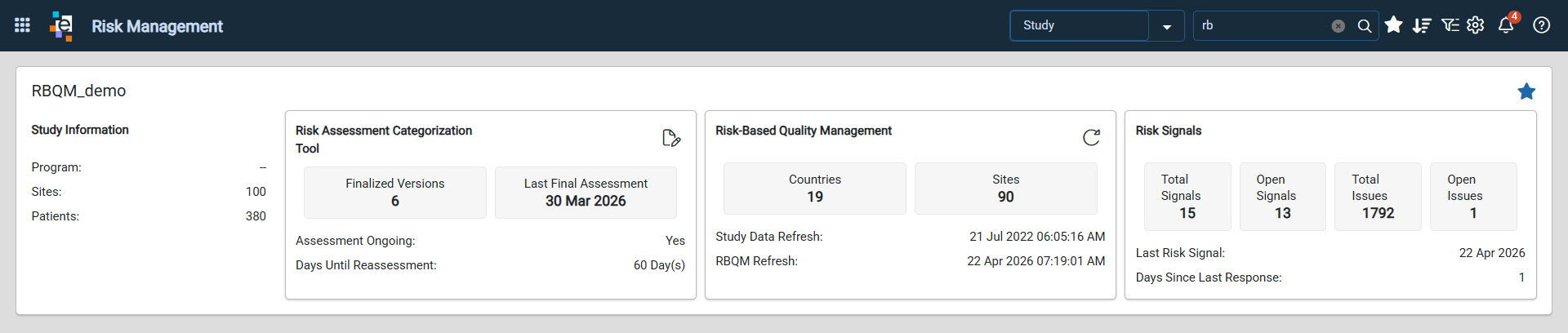 Risk Management page showing study status cards