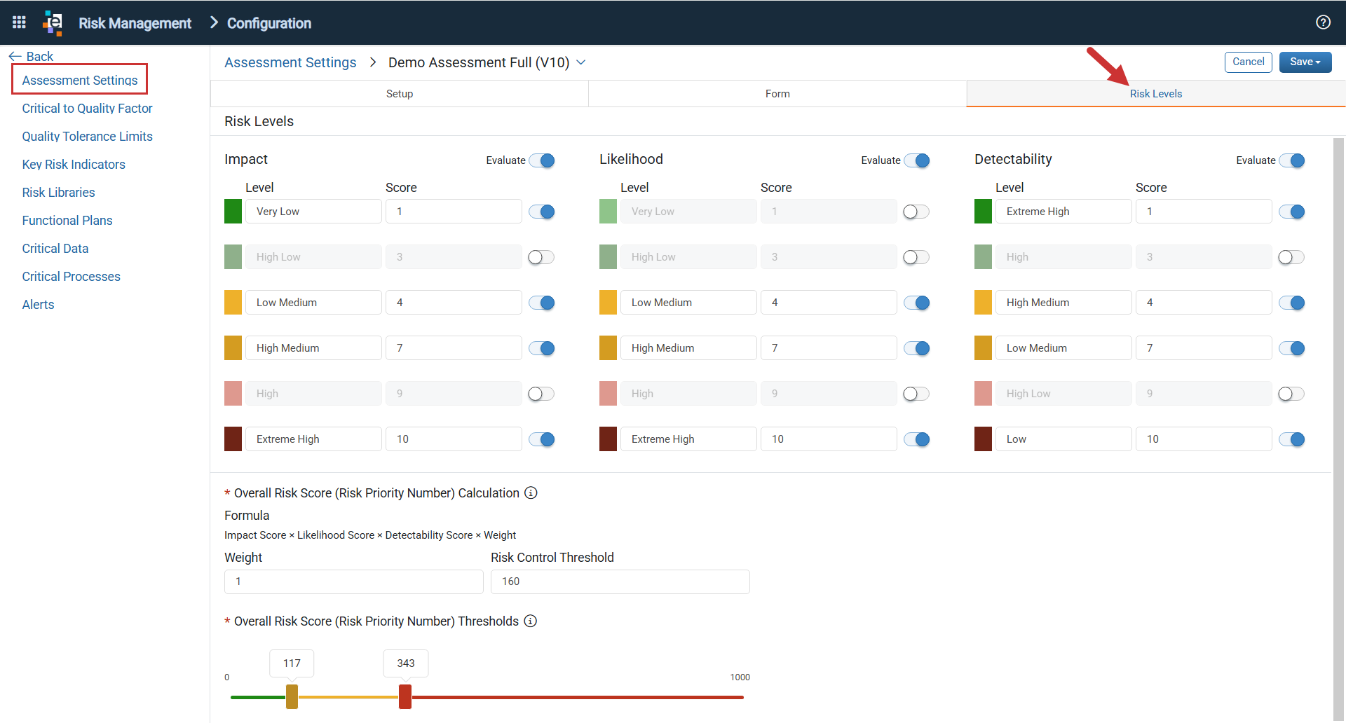 Assessment Setting Risk Levels tab