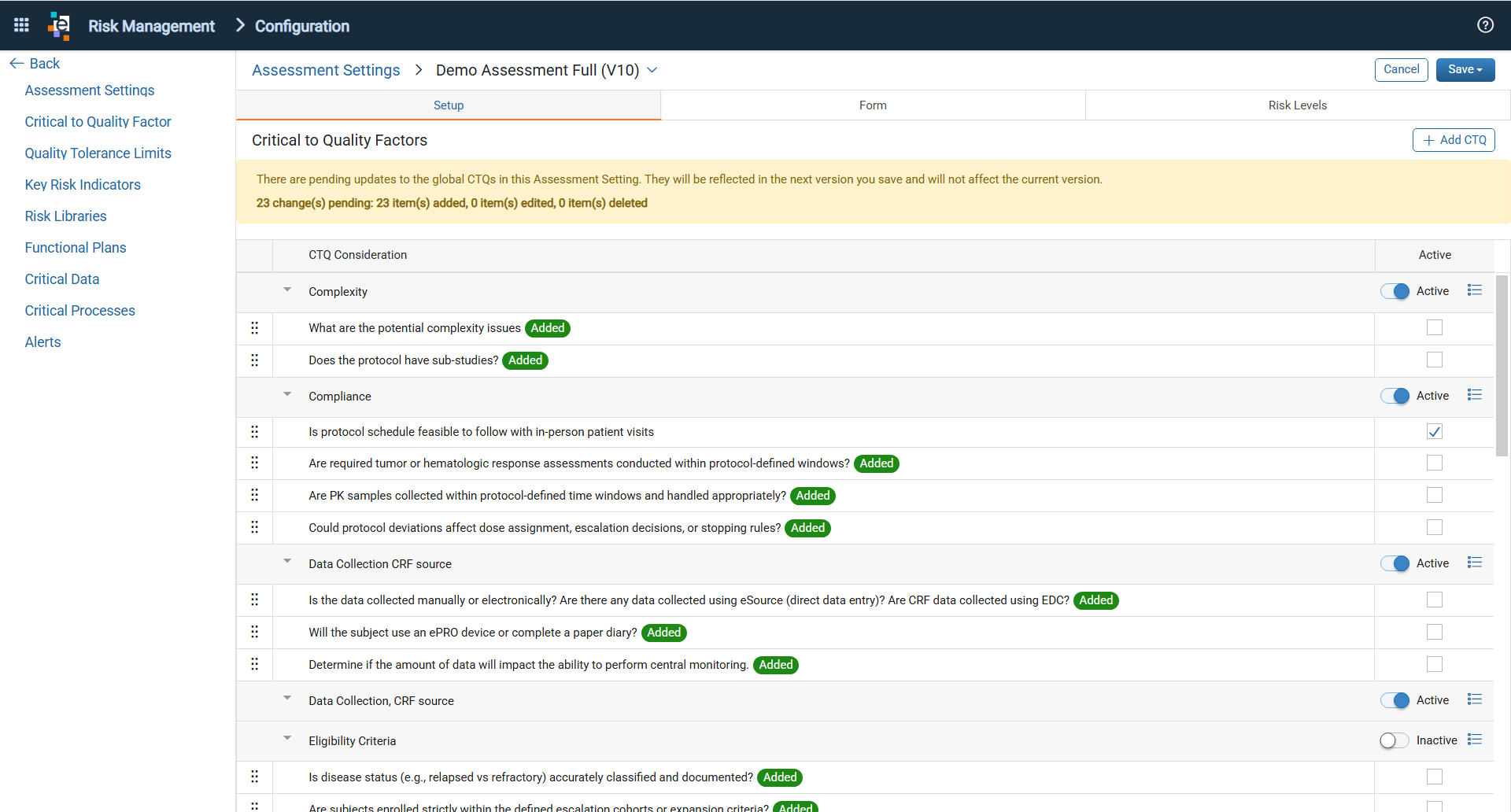 Pending CTQ library updates banner on configured Setup tab