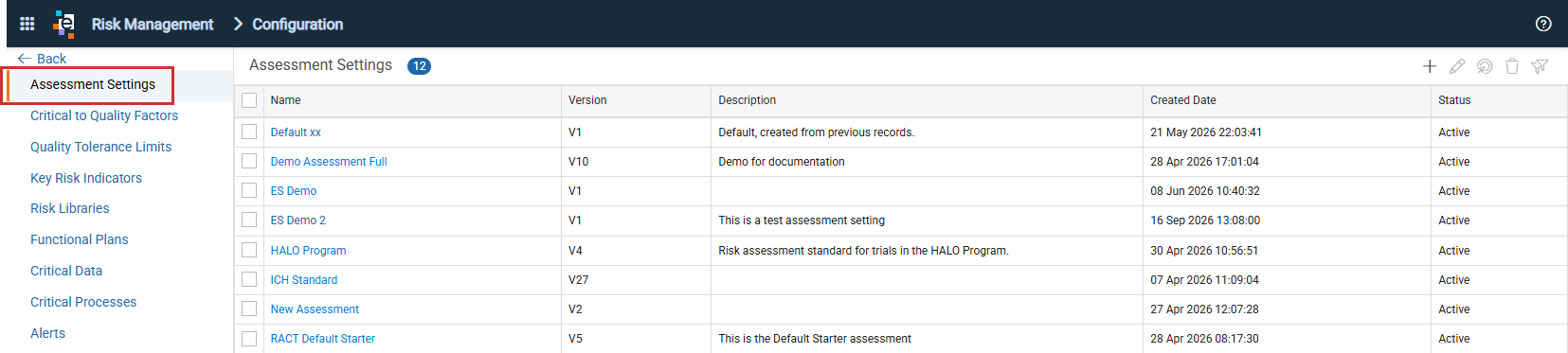 Assessment Settings page