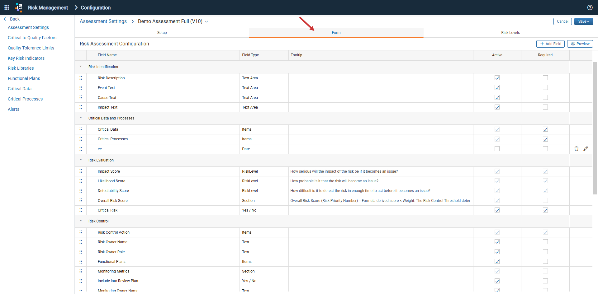 Assessment Setting Form tab