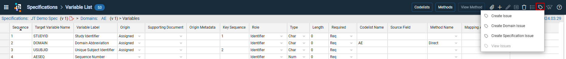 Issues menu in Variable List