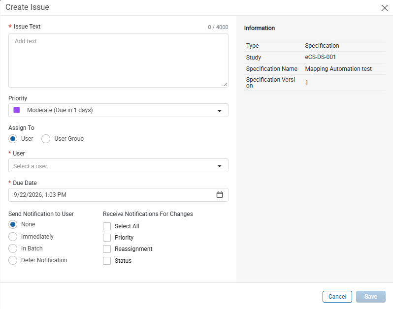 Create Issue window in Specifications