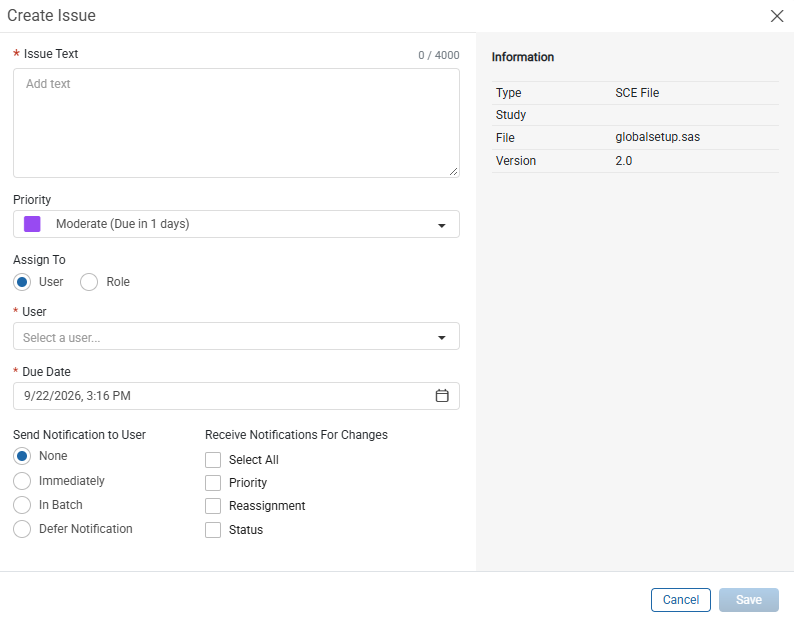 Create Issue window in SCE