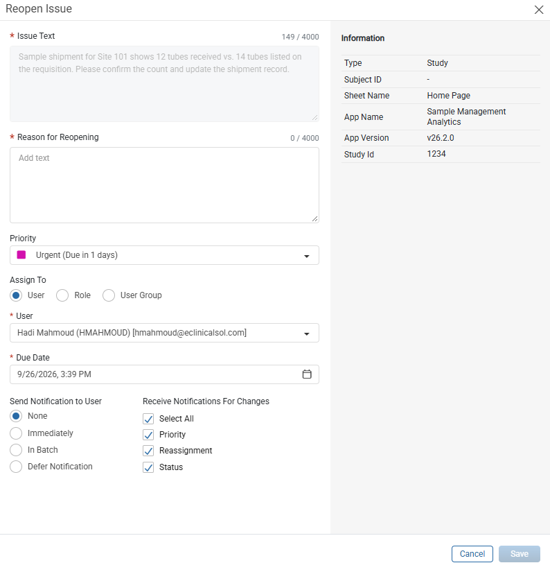 Reopen Issue window with the read-only Issue Text, the Reason for Reopening field, and the notification options