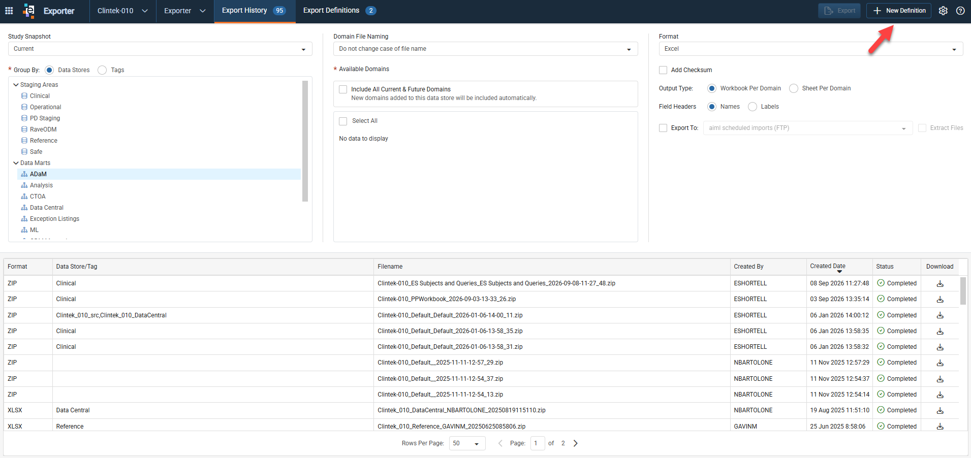 Exporter window with the + New Definition button in the master header