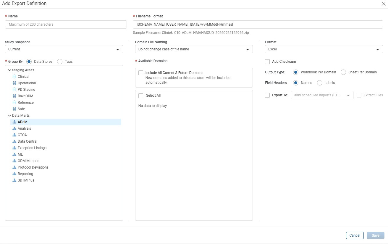 Add Export Definition window with the Name and Filename Format required fields