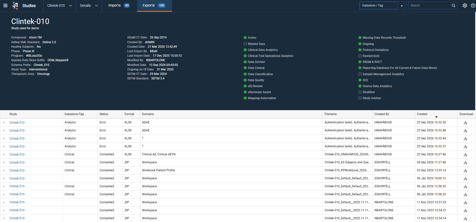 Export History tab with a selected export and the detail panel showing the exported domains