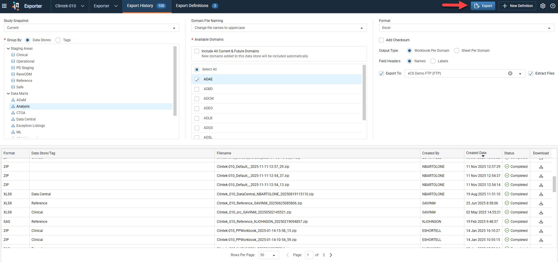 Export History table with export rows, the Filename column, and status icons