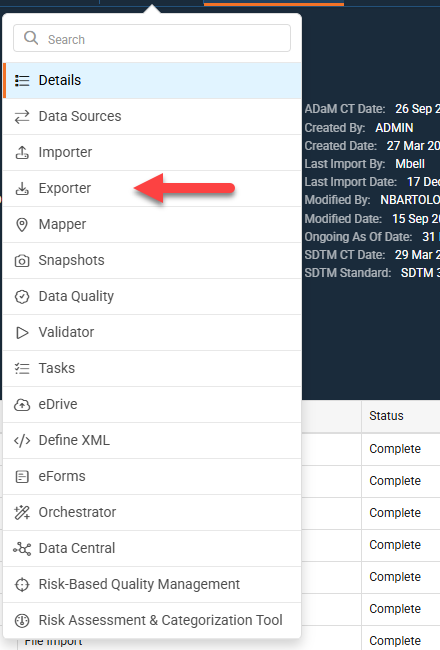 Exporter option in the Study Management drop-down within a study